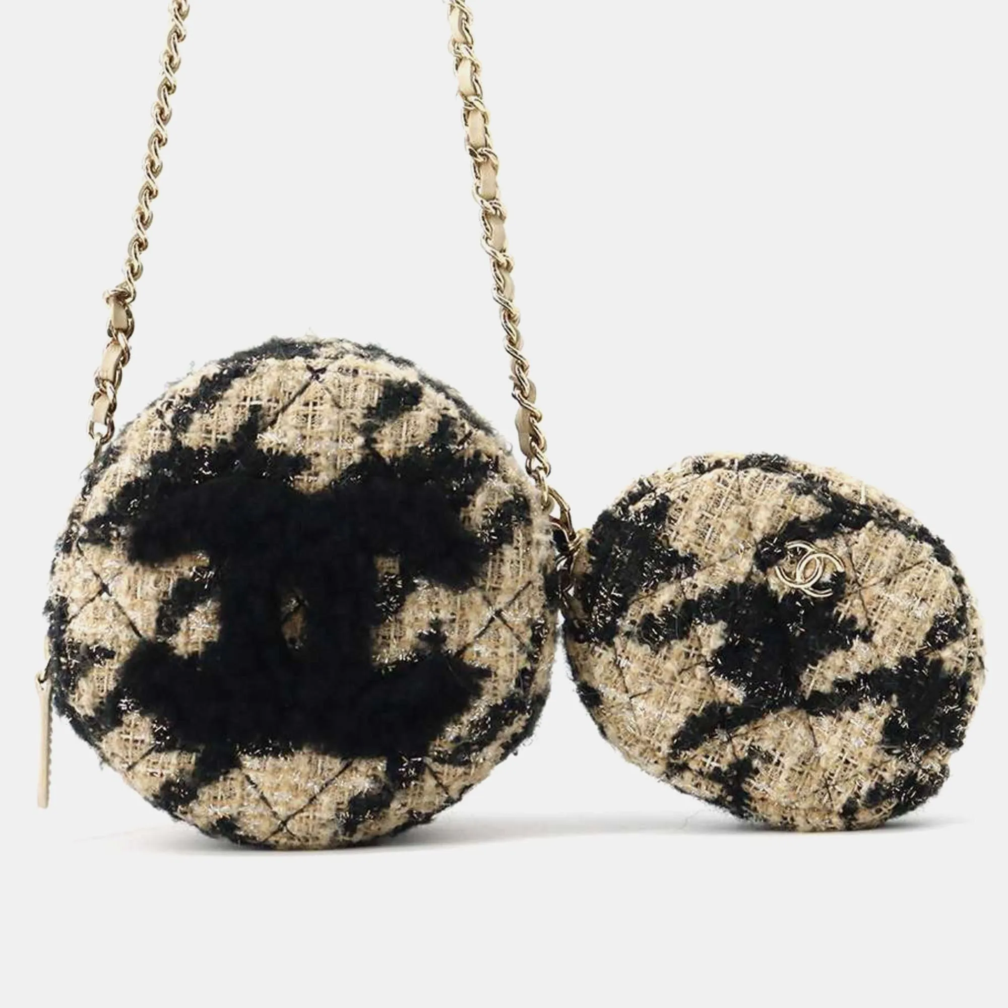 Beige Black Tweed Shearling Round Clutch With Chain and Coin Purse