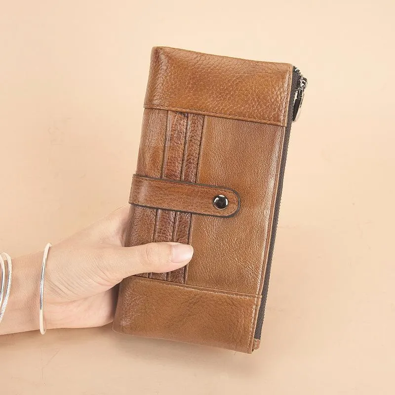 Brown Leather Long Wallet for Men Bifold Checkbook Wallet Card Holders Wallet For Men