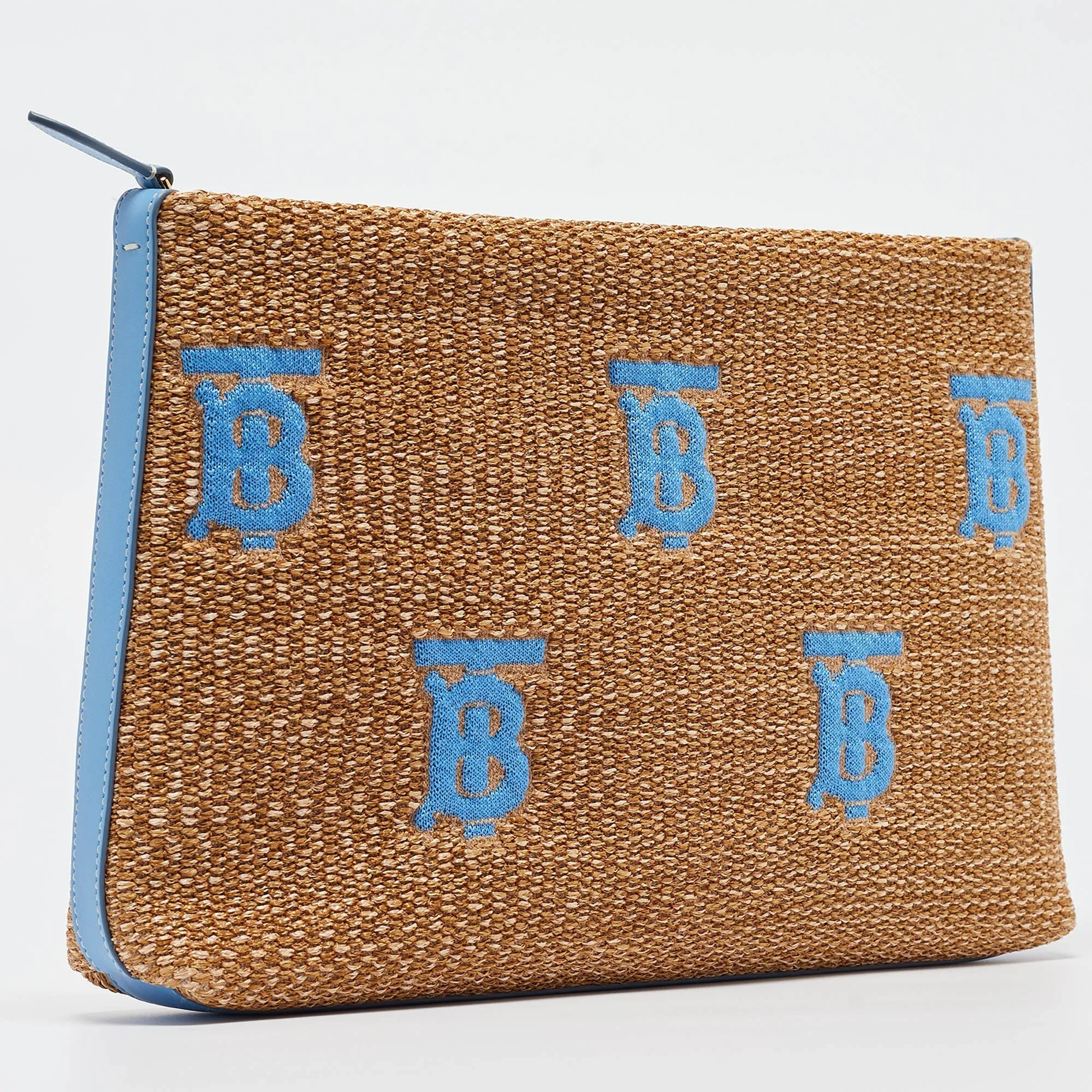 BURBERRY Beige/Blue Straw and Leather Duncan Clutch