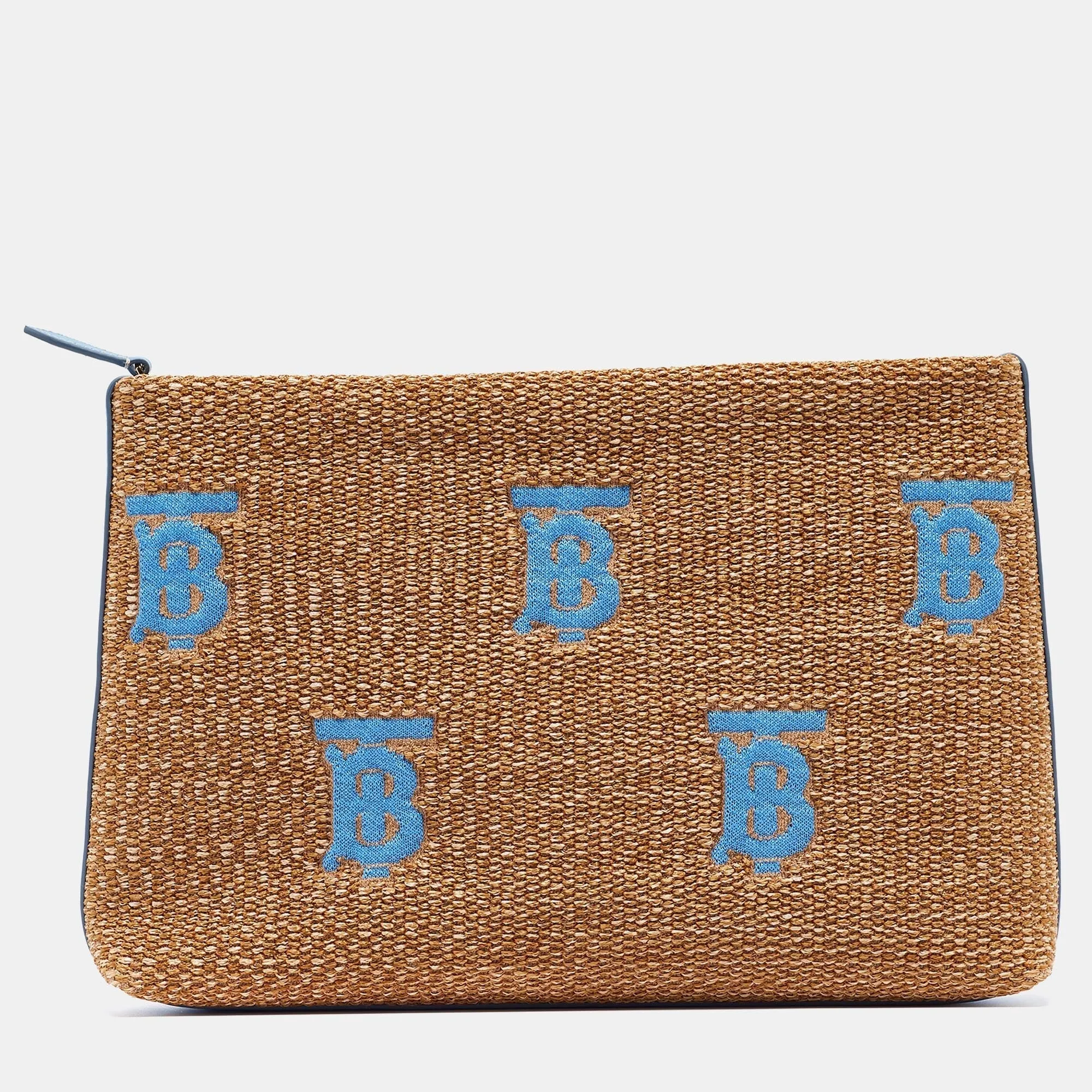 BURBERRY Beige/Blue Straw and Leather Duncan Clutch