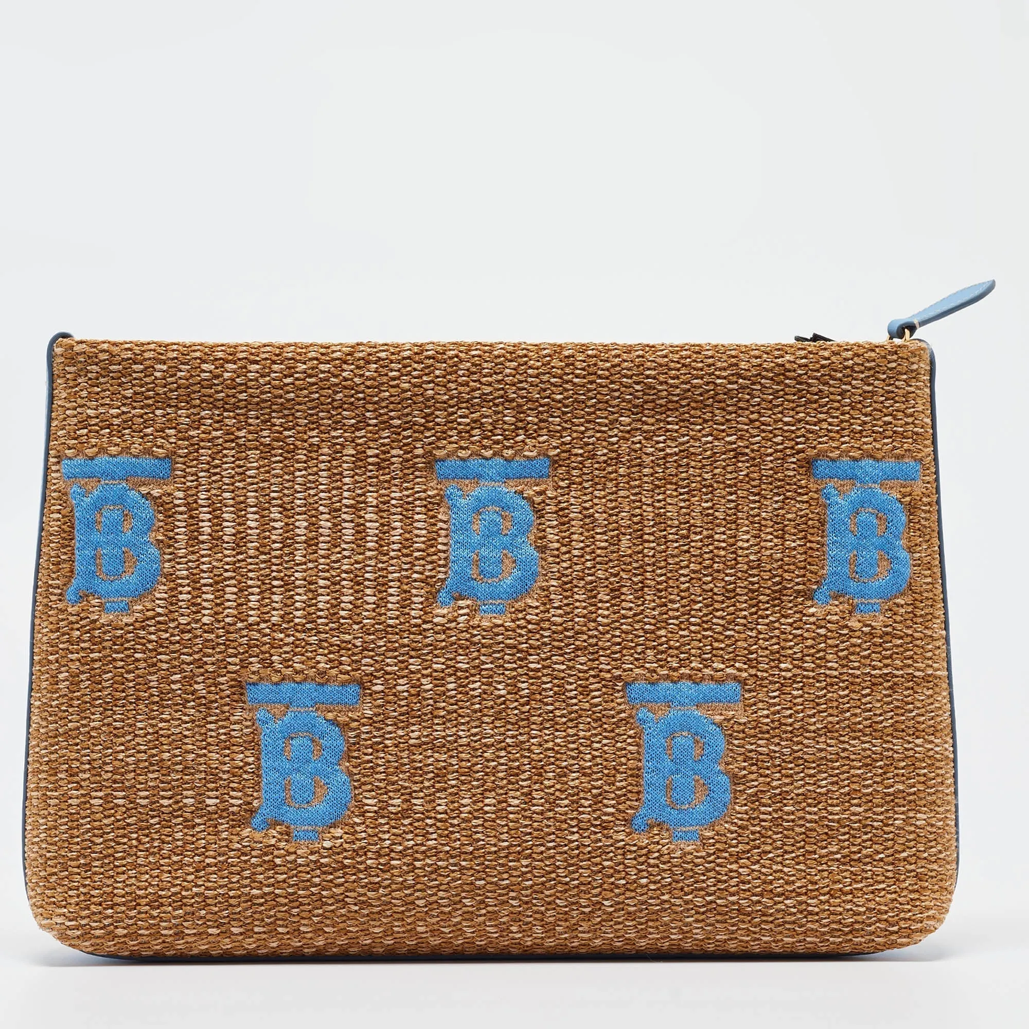 BURBERRY Beige/Blue Straw and Leather Duncan Clutch