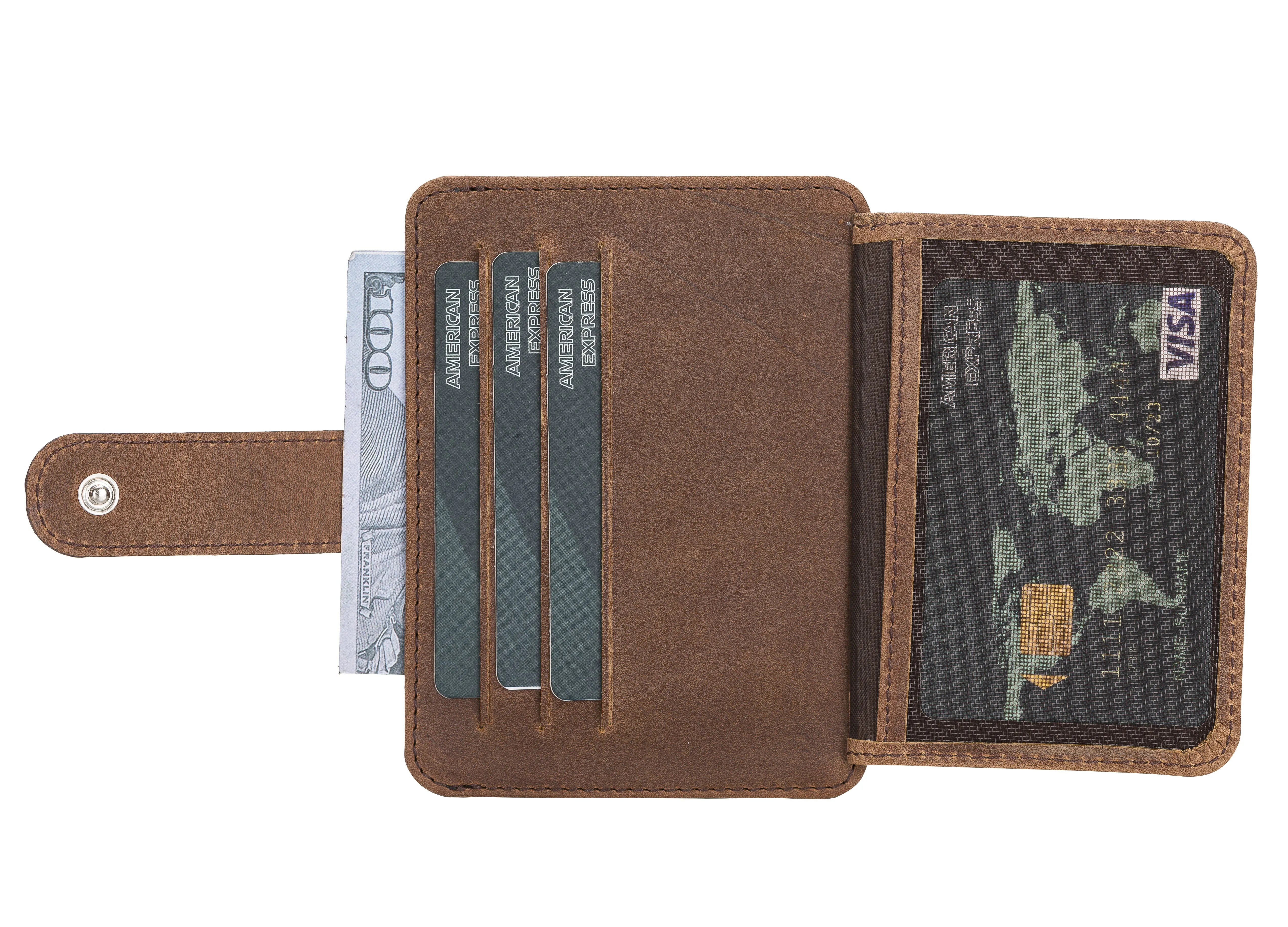 Elegant Leather Card Holder with Snap Closure and Dual ID Windows