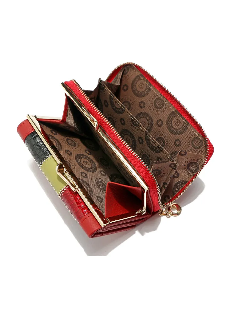 Genuine Leather Patchwork Wallet Women Small Purse