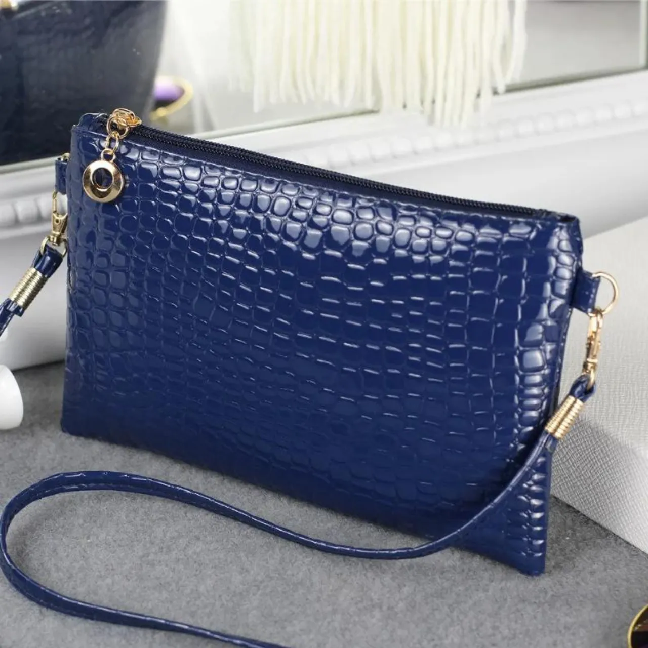 GLOSSY FAUX ALLIGATOR SKIN SHOULDER BAG