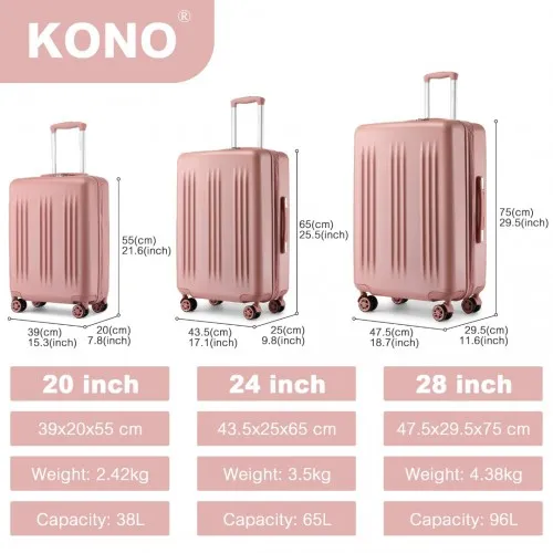 Kono 3 Piece Luggage Set - 20/24/28 Inch - Striped Expandable ABS PC Suitcase with TSA Lock & Spinner Wheels - Nude