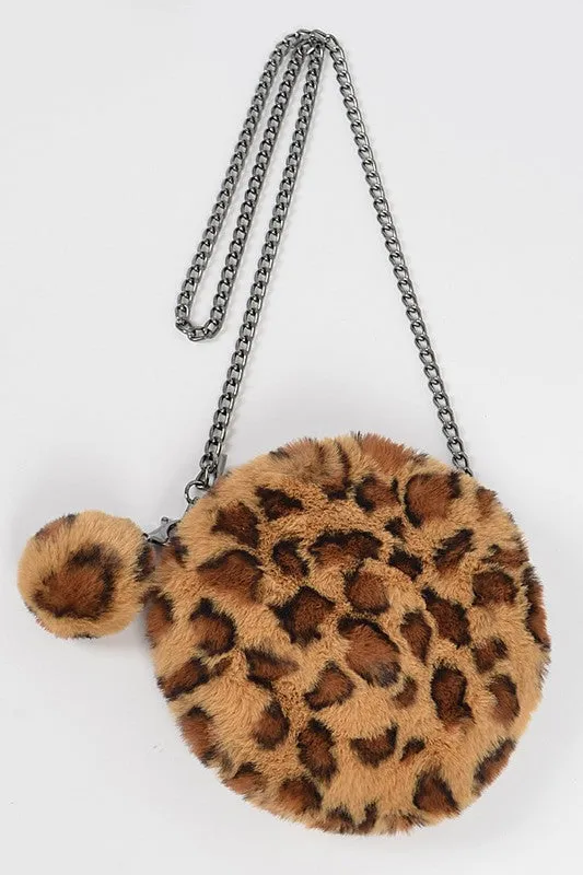 Leopard Faux Fur Round Clutch with Chain Strap