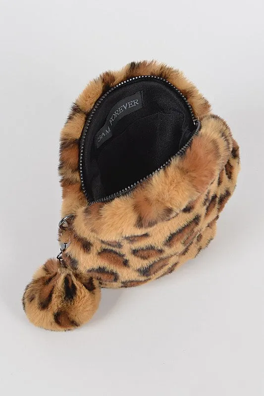 Leopard Faux Fur Round Clutch with Chain Strap