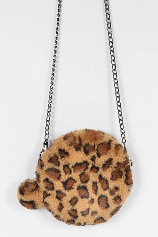 Leopard Faux Fur Round Clutch with Chain Strap