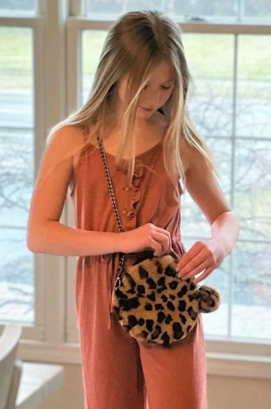 Leopard Faux Fur Round Clutch with Chain Strap