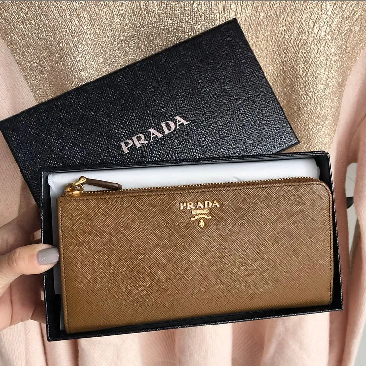 Prada Brown Cannella Zip Saffiano Leather Wallet