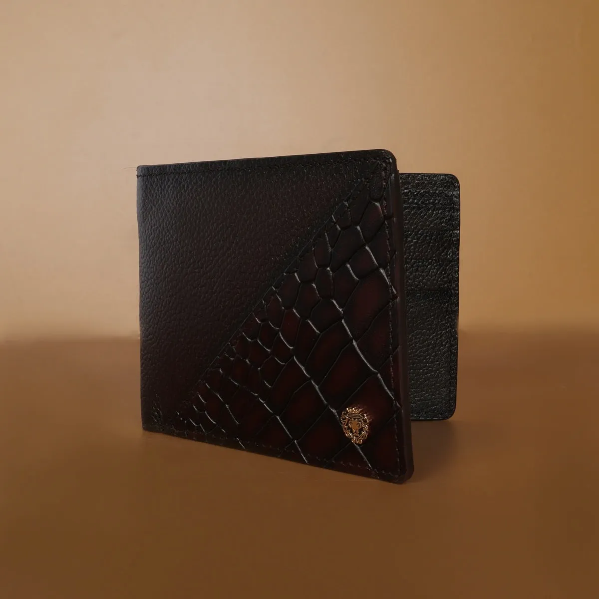 Silhouette Design Dark Brown Textured And Cut Croco Print Leather Bi-Fold Wallet