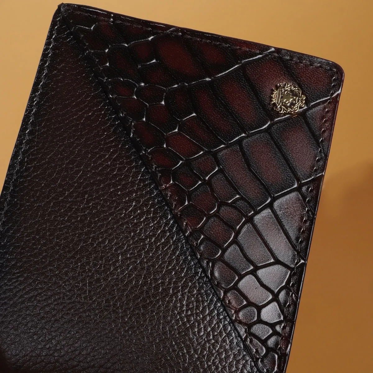 Silhouette Design Dark Brown Textured And Cut Croco Print Leather Bi-Fold Wallet