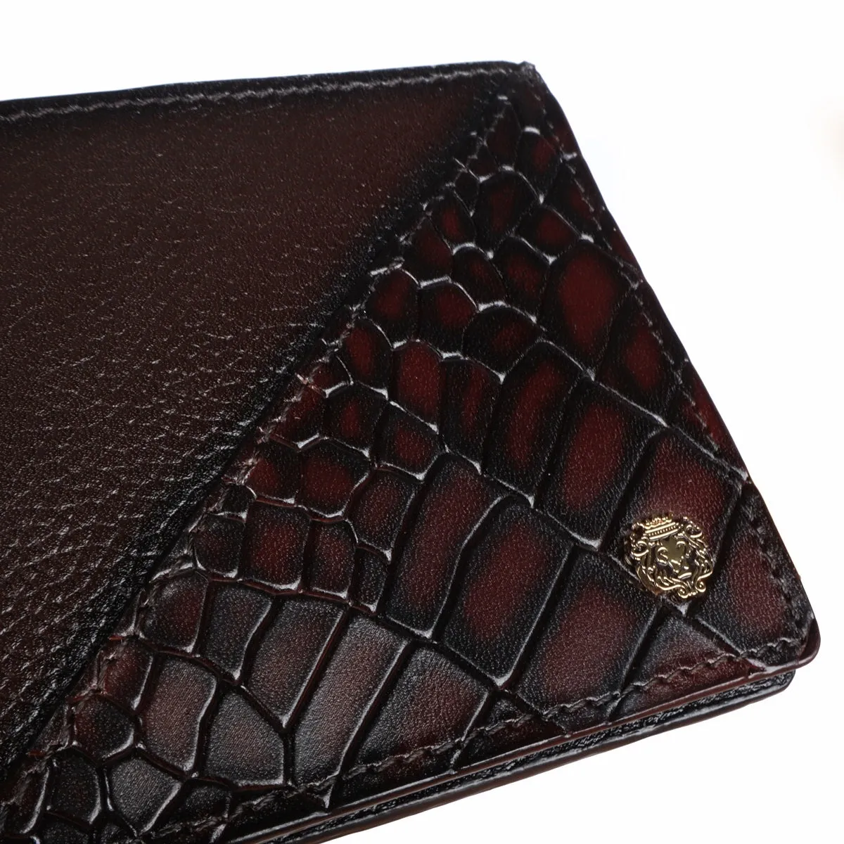 Silhouette Design Dark Brown Textured And Cut Croco Print Leather Bi-Fold Wallet