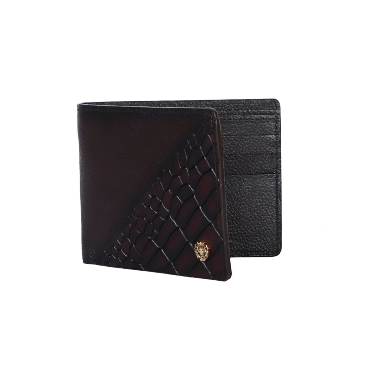 Silhouette Design Dark Brown Textured And Cut Croco Print Leather Bi-Fold Wallet