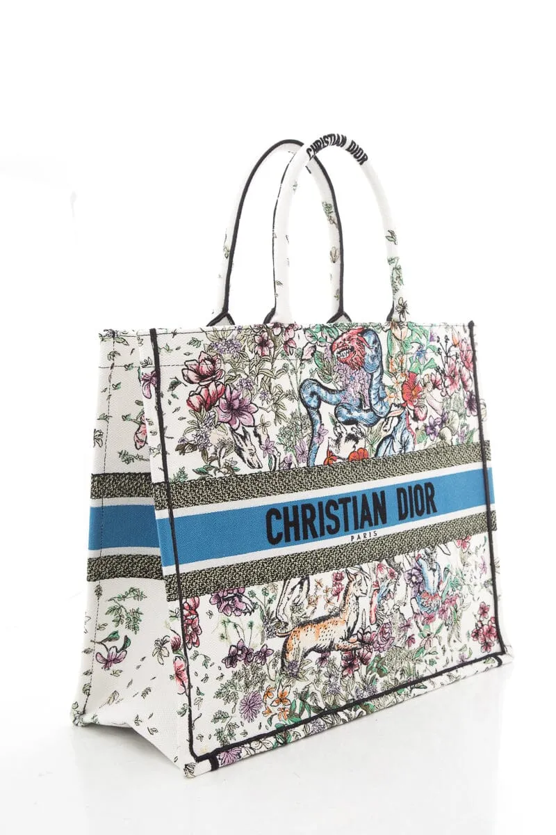 Trendy Inspired Dior White Floral Woodland Embroidered Book Tote Handbag