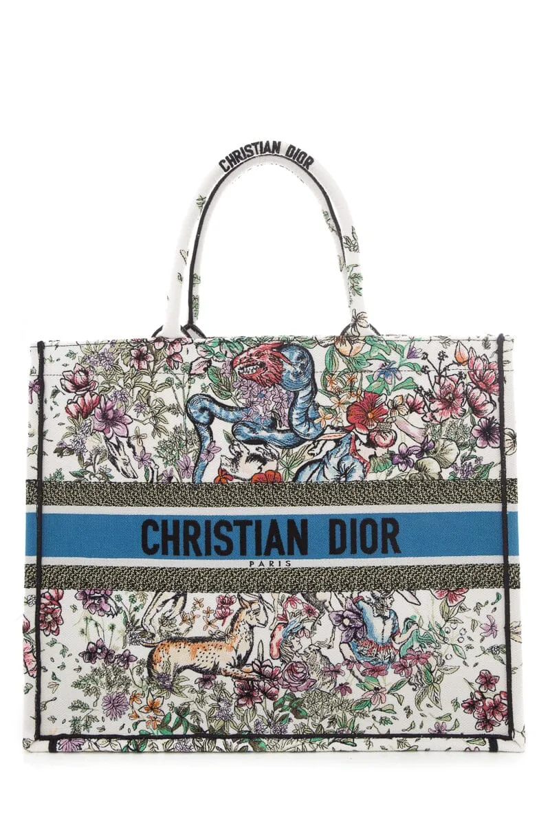 Trendy Inspired Dior White Floral Woodland Embroidered Book Tote Handbag