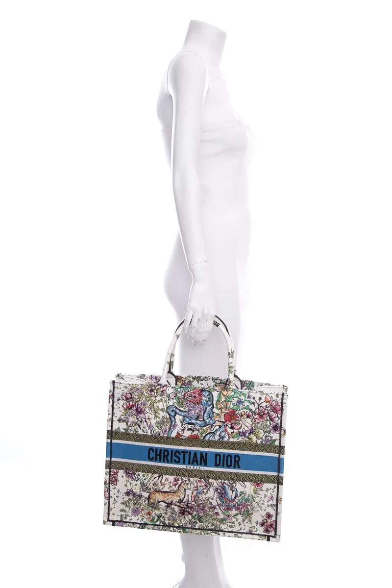 Trendy Inspired Dior White Floral Woodland Embroidered Book Tote Handbag