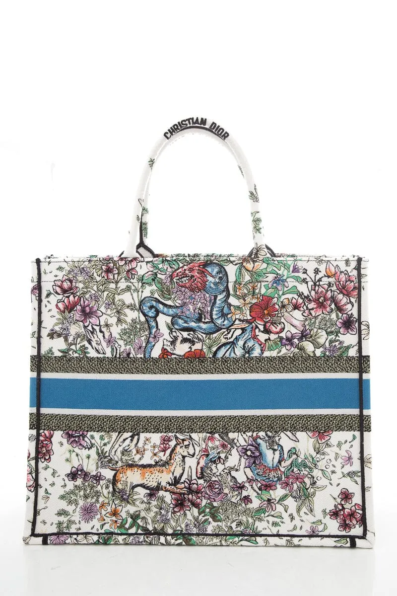 Trendy Inspired Dior White Floral Woodland Embroidered Book Tote Handbag