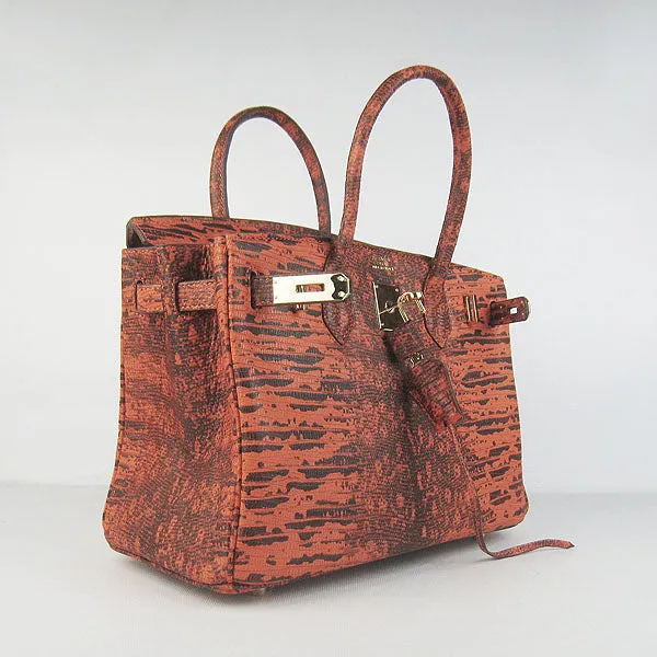 Trendy Inspired Hermes Birkin 30cm Lizard Pattern Handbag 6088 Orange/golden