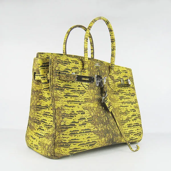 Trendy Inspired Hermes Birkin 30cm Lizard Pattern Handbag 6088 Yellow/silver